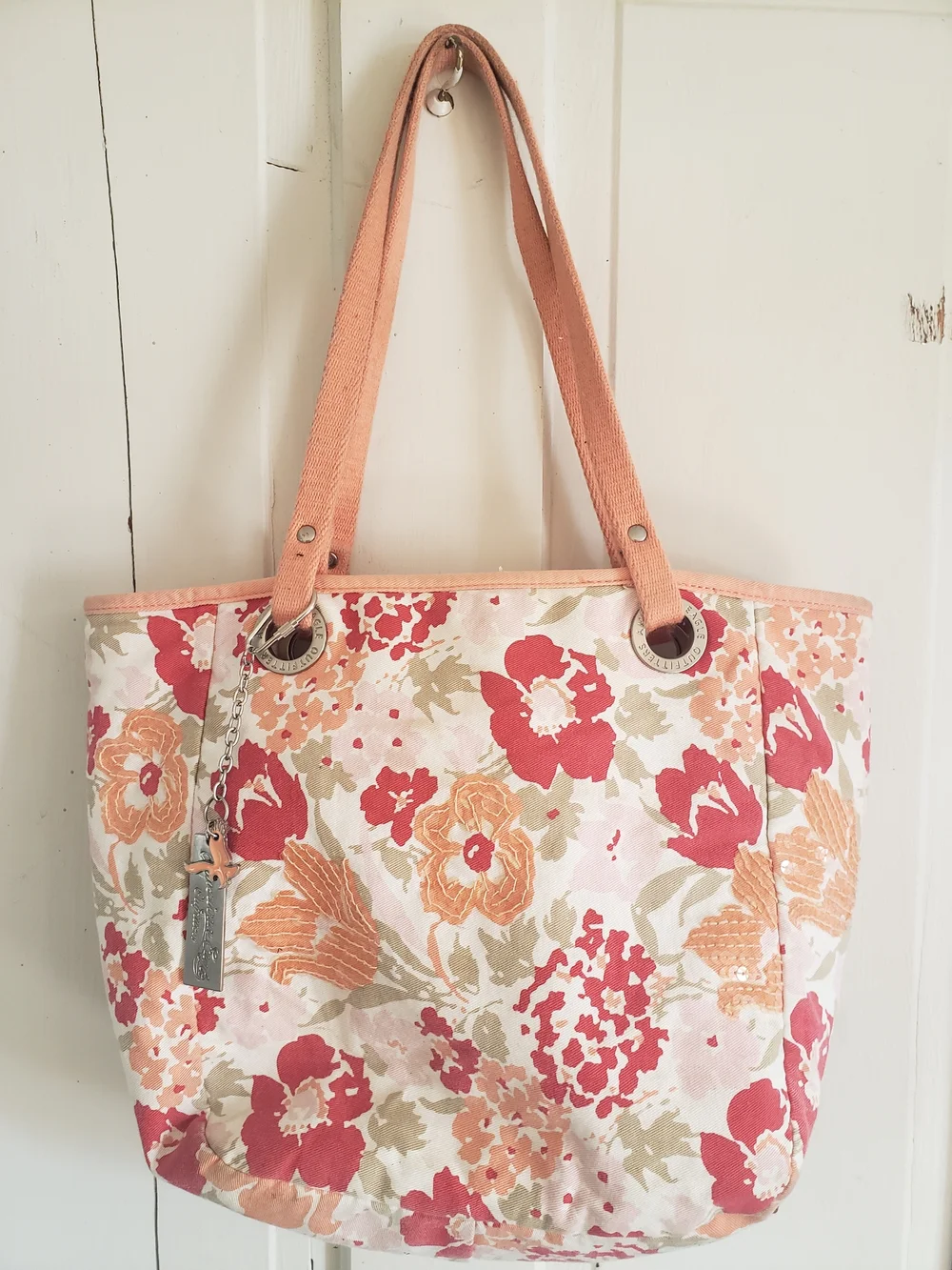 Floral Canvas Tote Bag in Coral and Peach - Picture 1 of 8